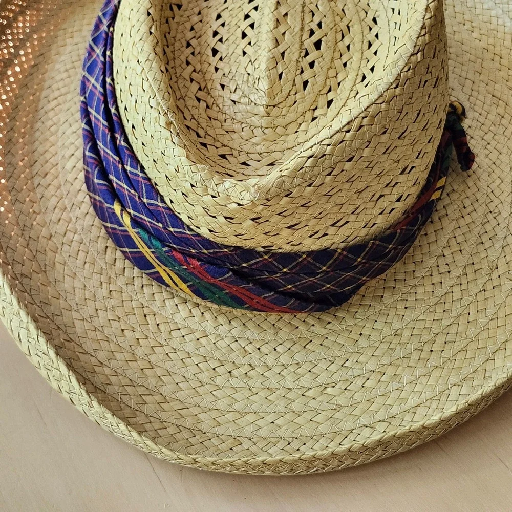 Vintage LL Bean Macora Straw Sun Hat Plaid Trim Size 7 3/8 70s Preppy Summer